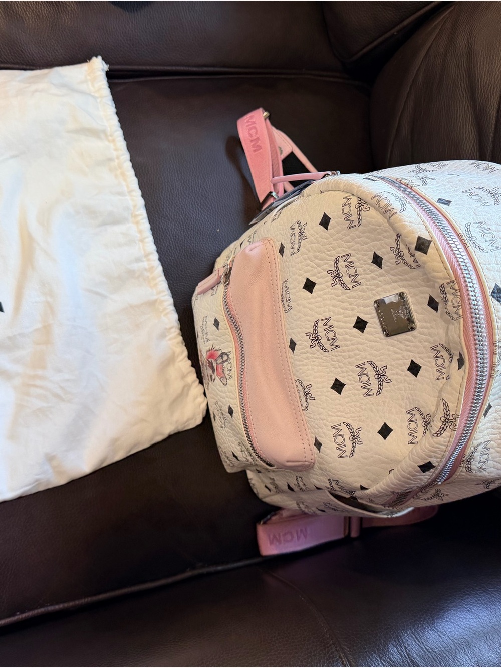 MCM White Backpack with Pink Front Pocket and Strap Accents - Picture 7 of 7
